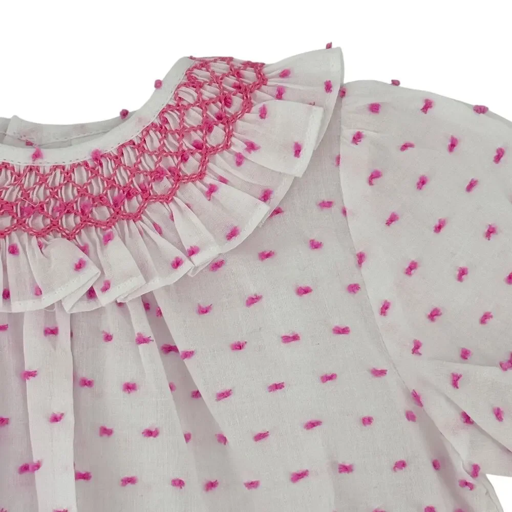 Edgehill Collection Baby Girl Smocked Pink Swiss Dot Bubble Romper Size 6M